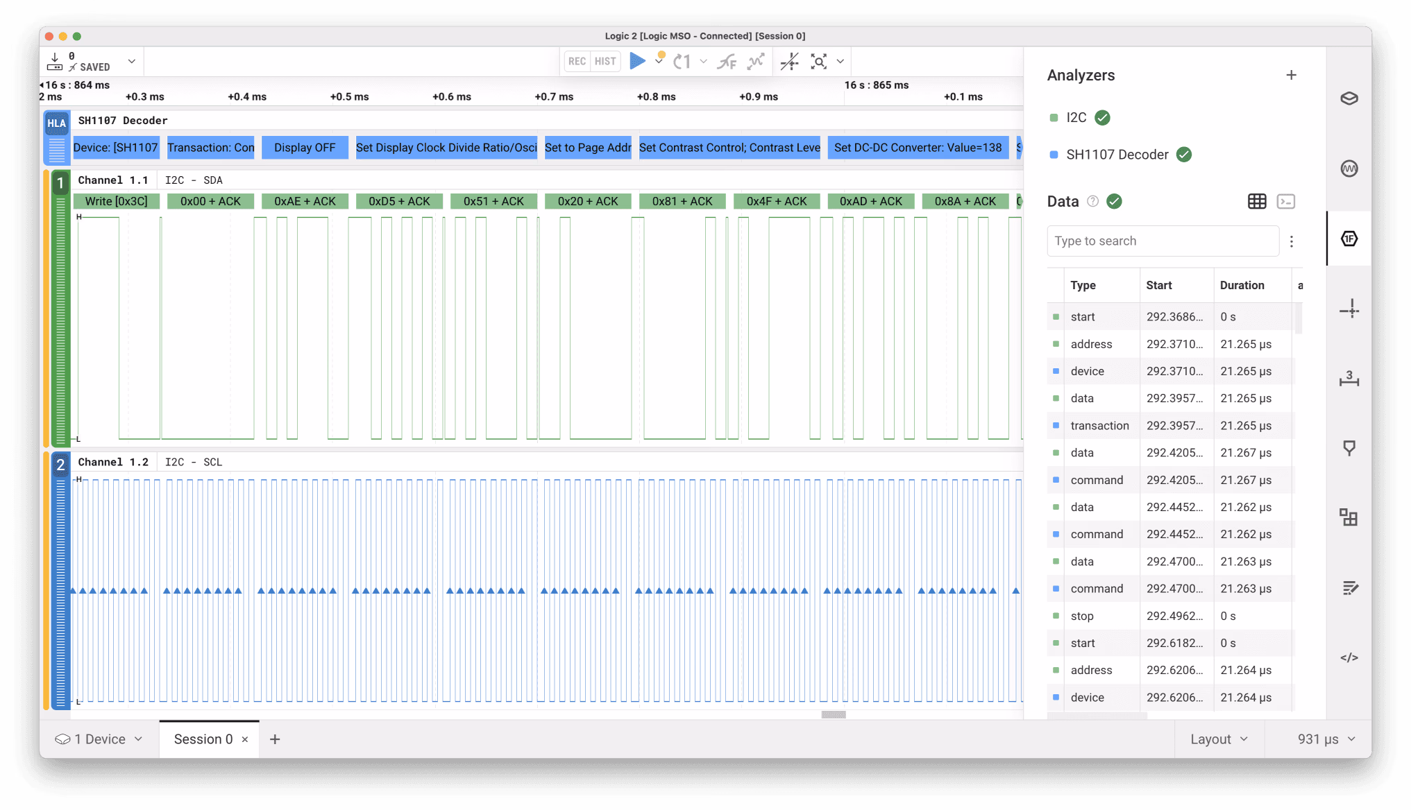 Saleae Logic software showing decoded protocols with 20-channel digital logic analyzer view